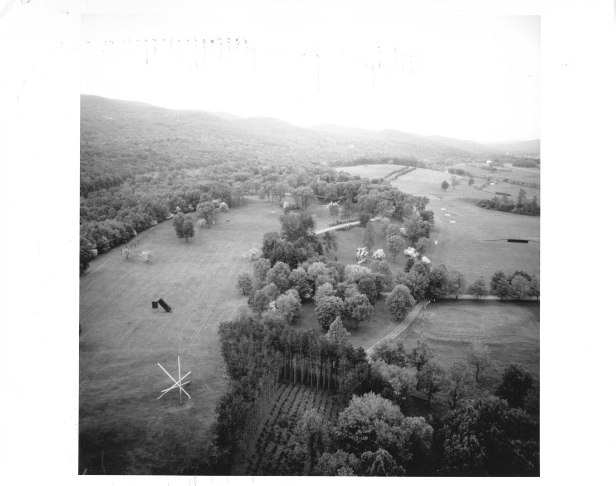 Storm King Art Center looking south: Gilbert Hawkins, <em>Four Poles and Light</em>, 1973; Menashe Kadishman, <em>Suspended</em>, 1977; Robert Grosvenor, <em>Untitled</em>, 1974