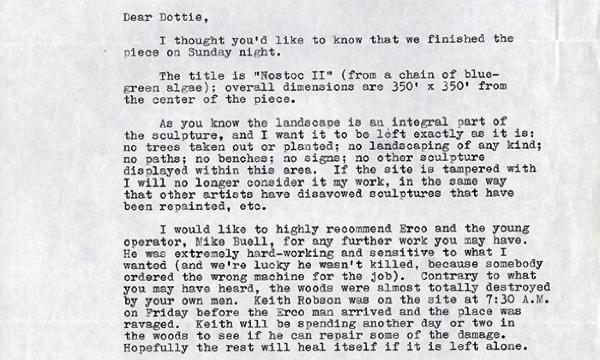 Patricia Johanson letter to Storm King Art Center Director Dorothy Mayhall regarding <i>Nostoc II</i>, 1975
