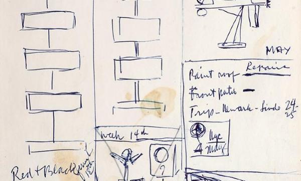 David Smith. Sketchbook 53, p. 163. c. 1954&ndash;62, featuring a sketch of <em>Five Units Equal</em> (1956). Storm King Art Center, donated by Gloria Gil.