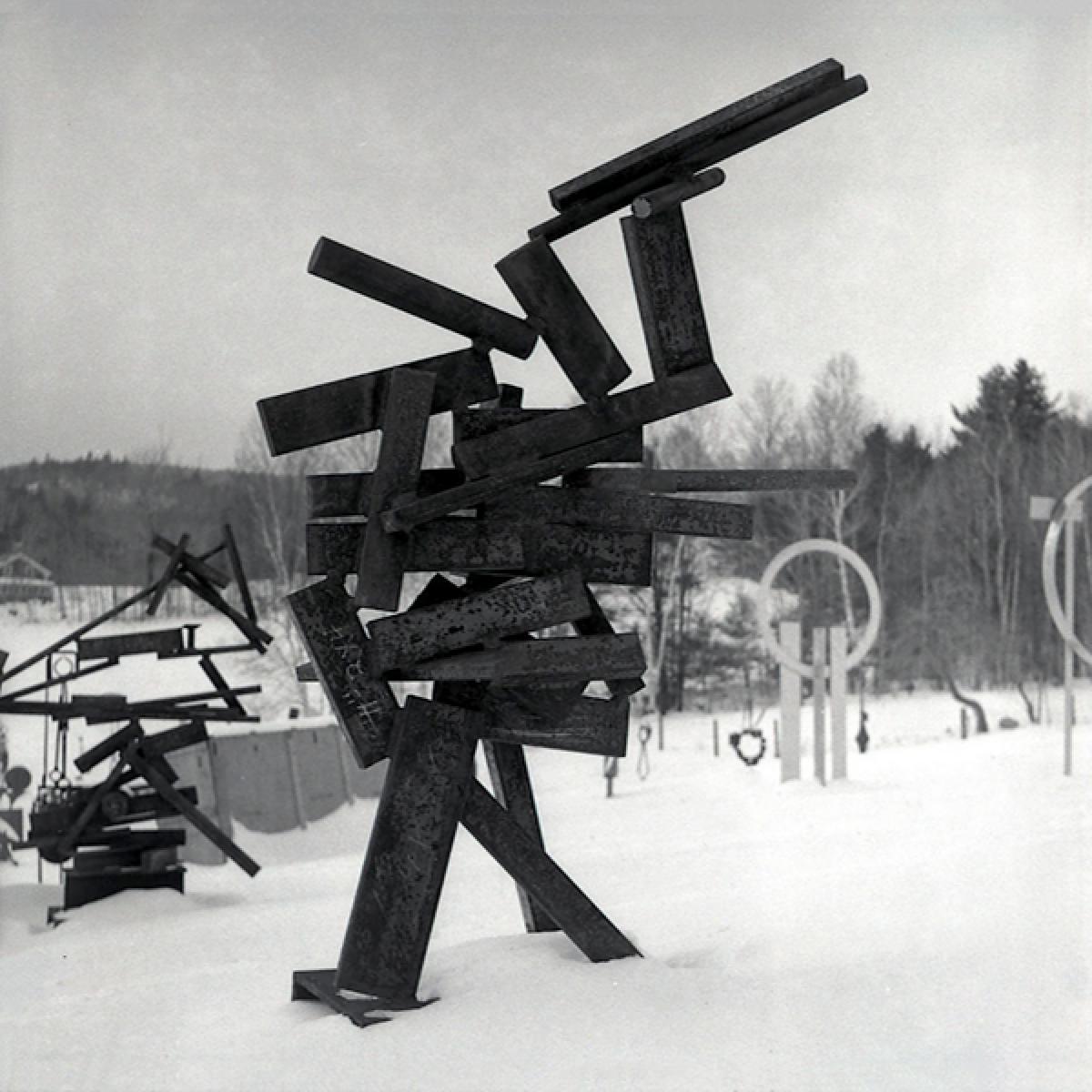 <em>Becca </em>(1964) and other sculptures in the snow, Bolton Landing, NY, 1964