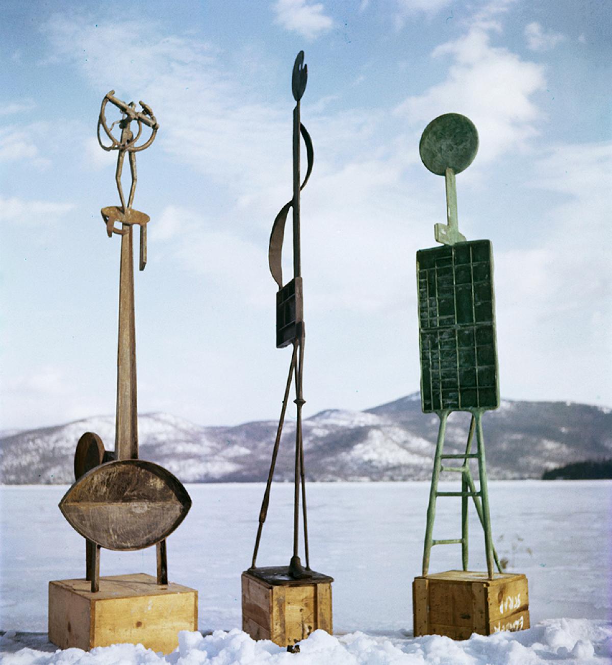 David Smith<em>, History of Leroy Borton </em>(1956; The Museum of Modern Art), <em>Portrait of a Painter</em> (1954; Private collection), and <em>Sitting Printer</em> (1954-55; Storm King Art Center), Lake George, NY, c. 1956