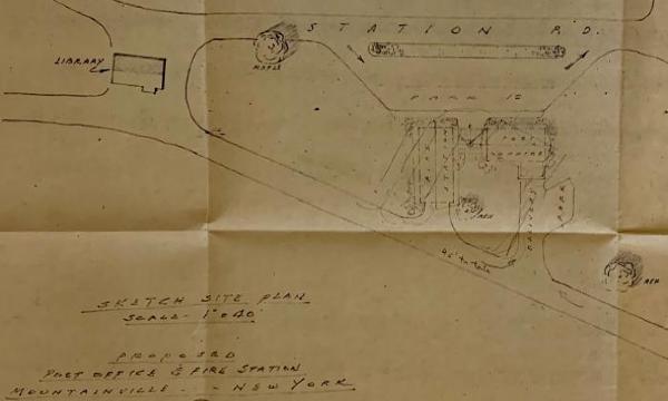 Sketch site plan, proposed post office and fire station, Mountainville, N.Y.