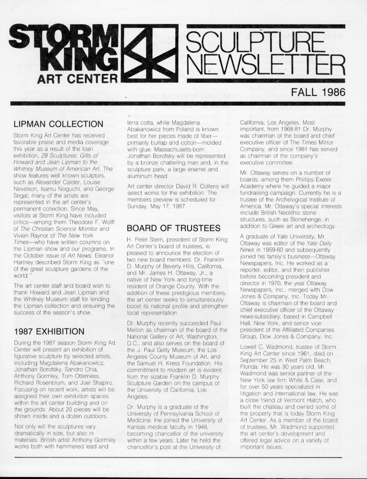 Storm King Art Center Newsletter, Fall 1986
