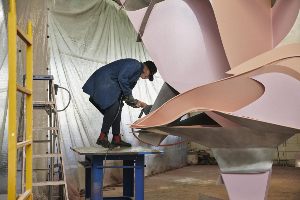 Arlene Shechet in the fabrication shop with a new outdoor commission for Storm King Art Center