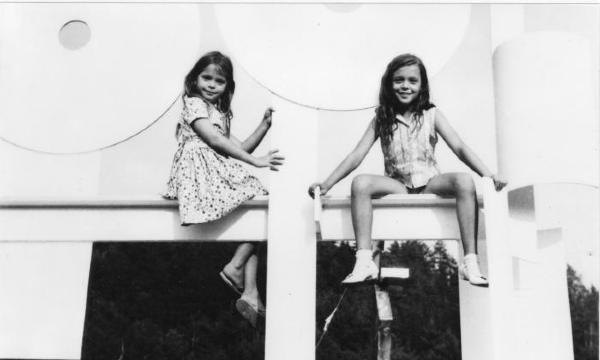 <em>Candida and Rebecca Smith sitting on sculpture “Primo Piano”, Bolton Landing</em>, undated