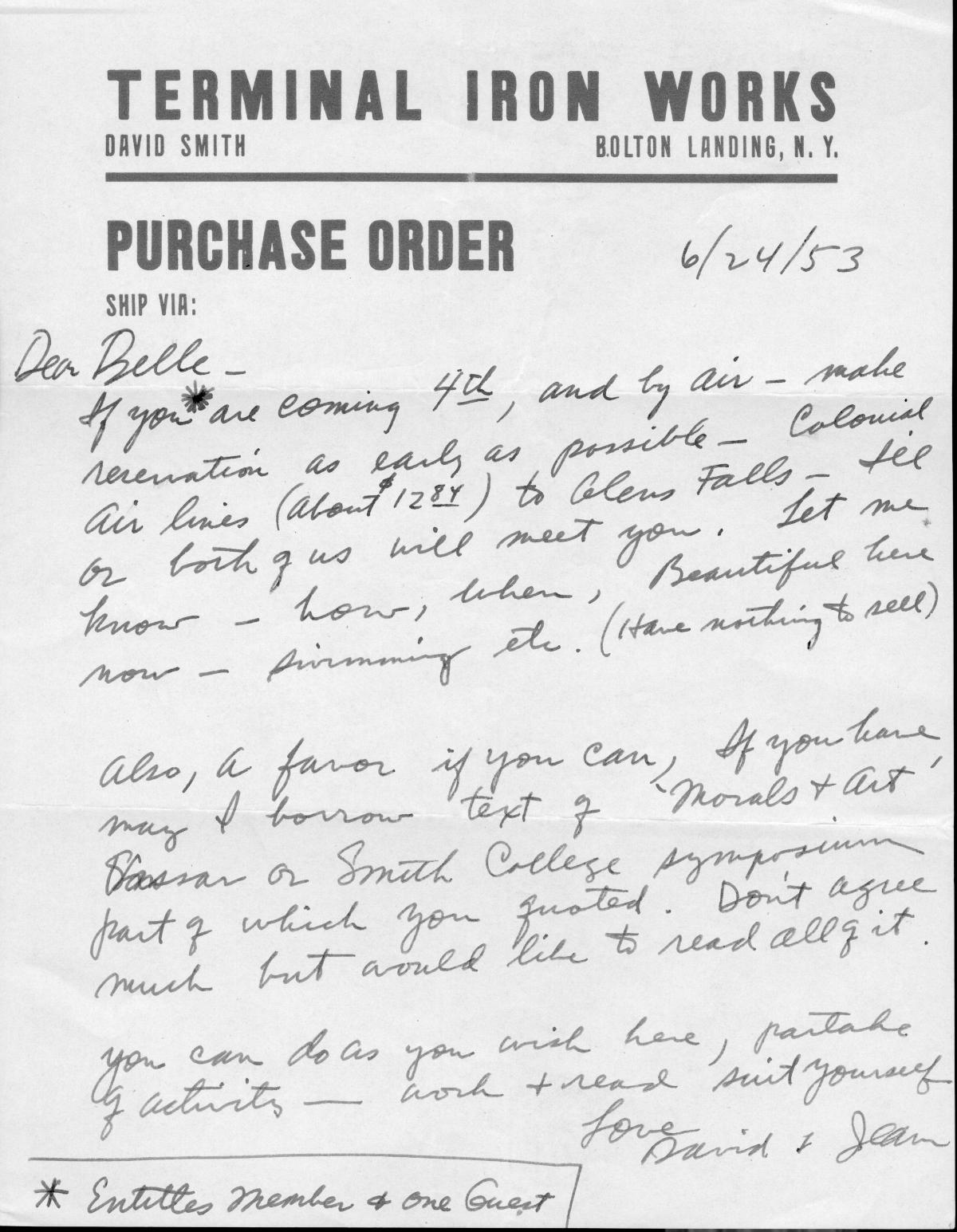 Letter from David Smith and Jean Freas to Belle Krasne Ribicoff, June 24, 1953