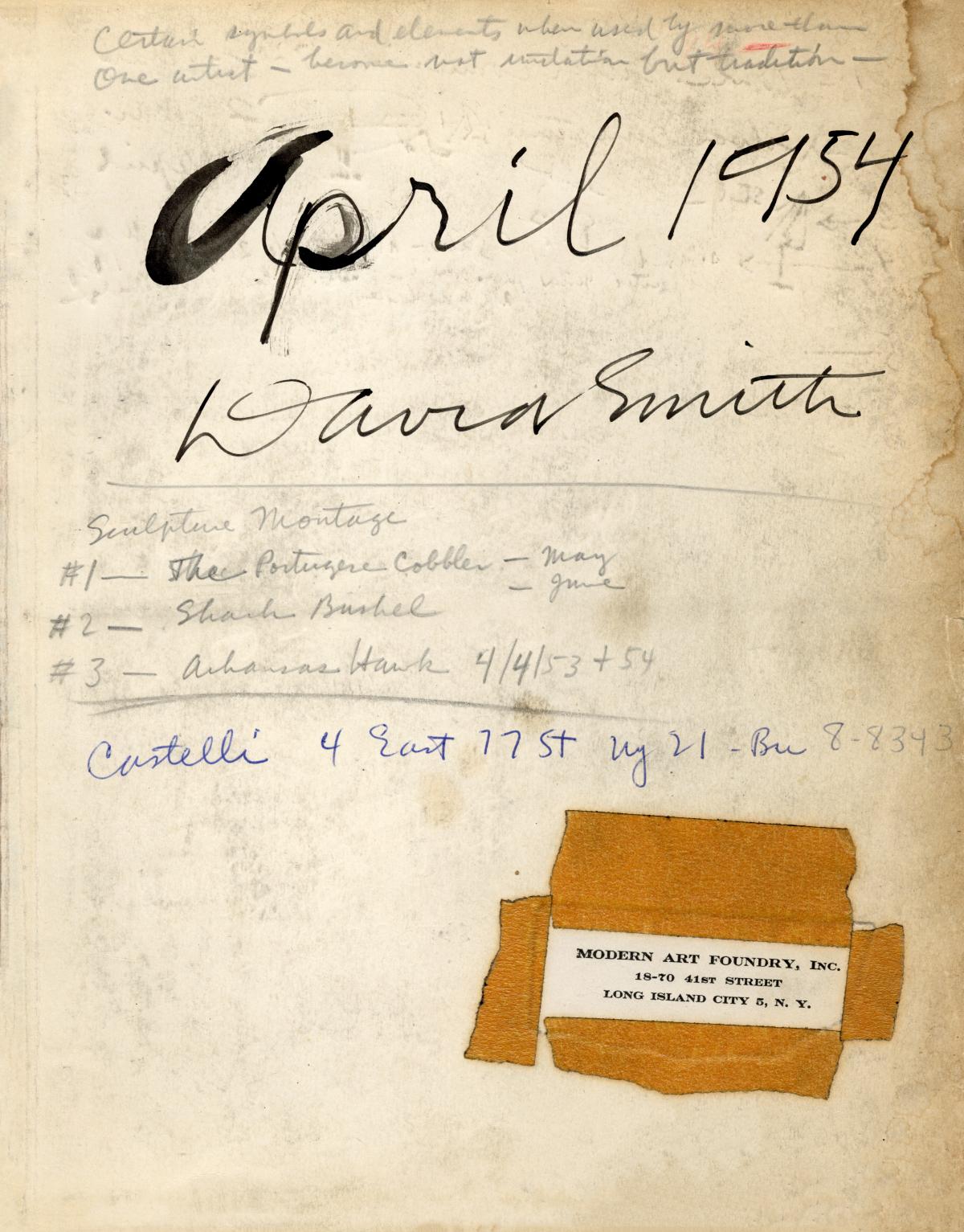David Smith Notebook, title page, April 1954